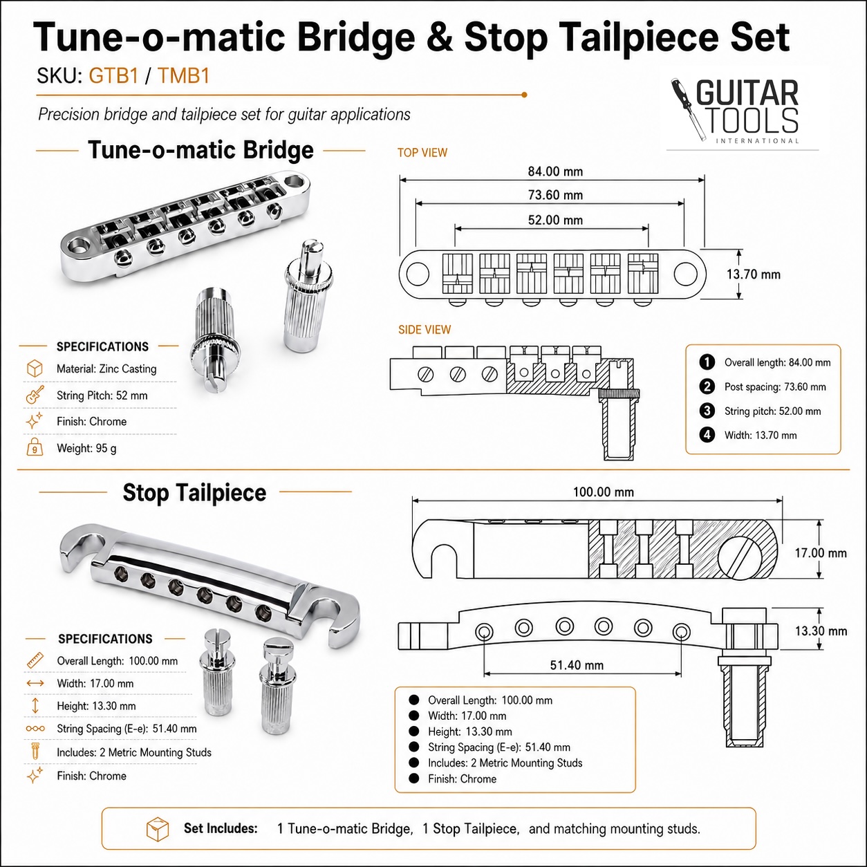 GTI Tune-o-Matic Bridge & Stop Tailpiece Set Chrome – GTB1/TMB1 - Image 2