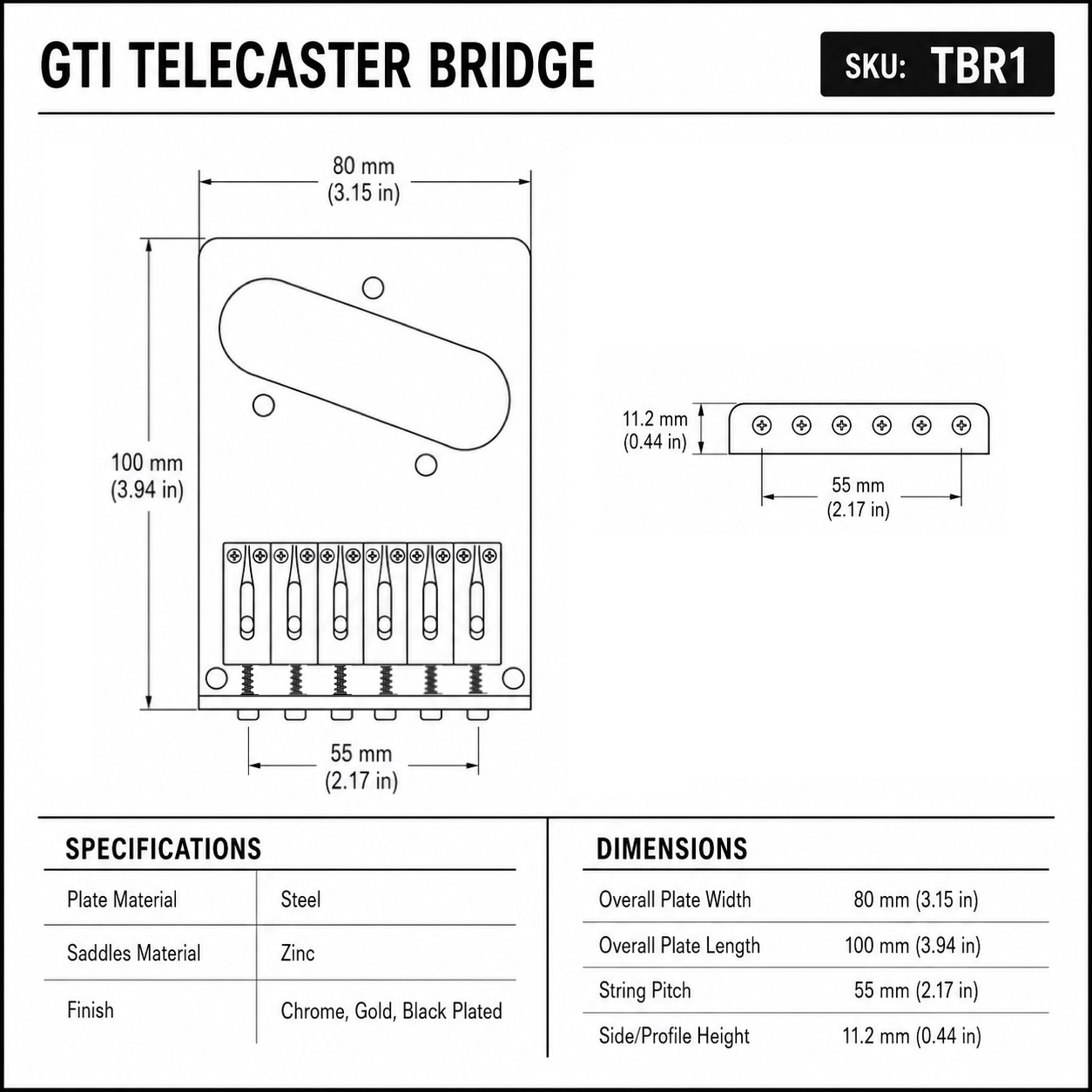 GTI Tele Style 6-Saddle Guitar Bridge Chrome – Steel Plate, Zinc Saddles – TBR1 - Image 3